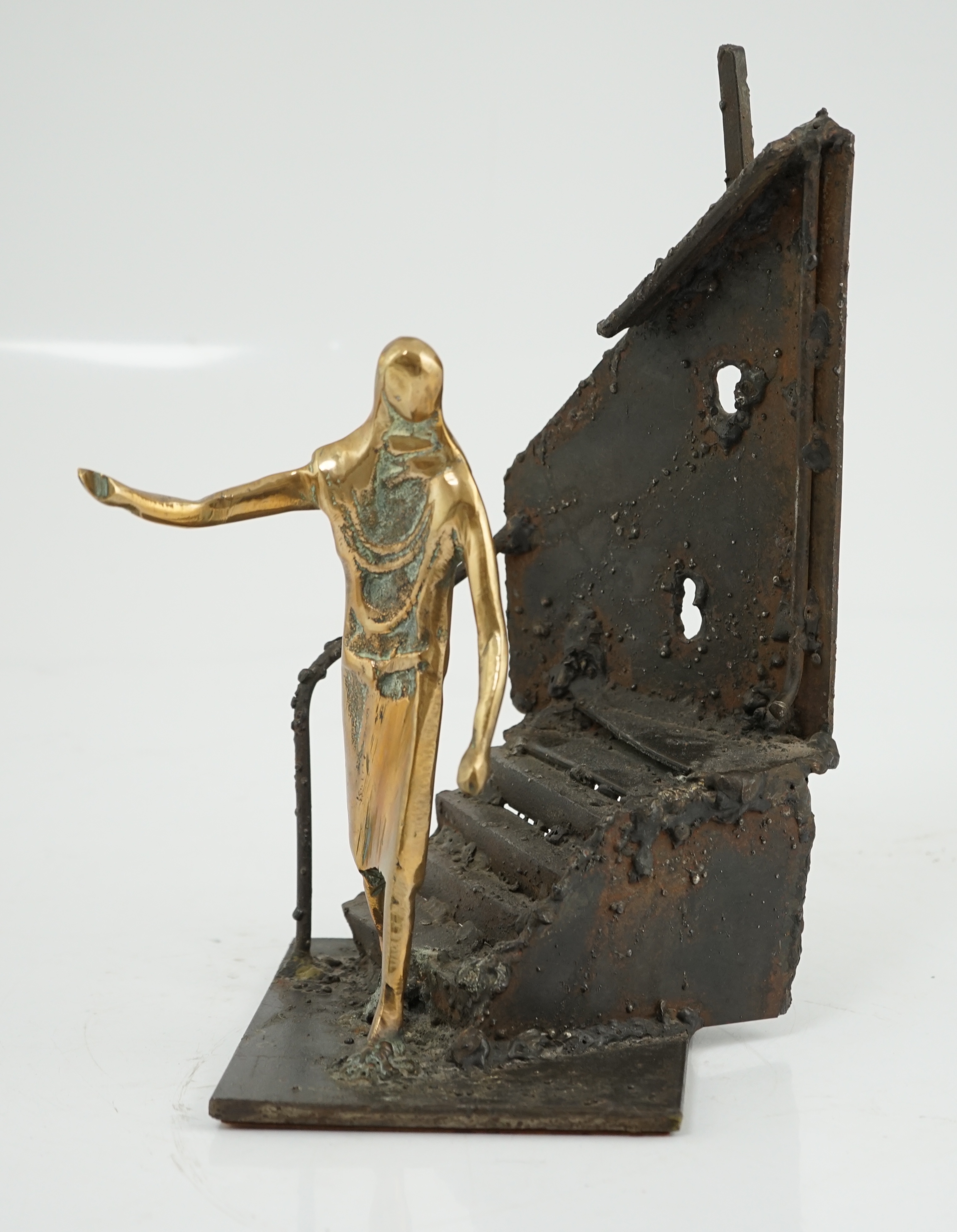 Arthur Dooley (British, 1929-1994), a bronze and iron group of a figure descending a staircase, 19cm wide, 29cm high